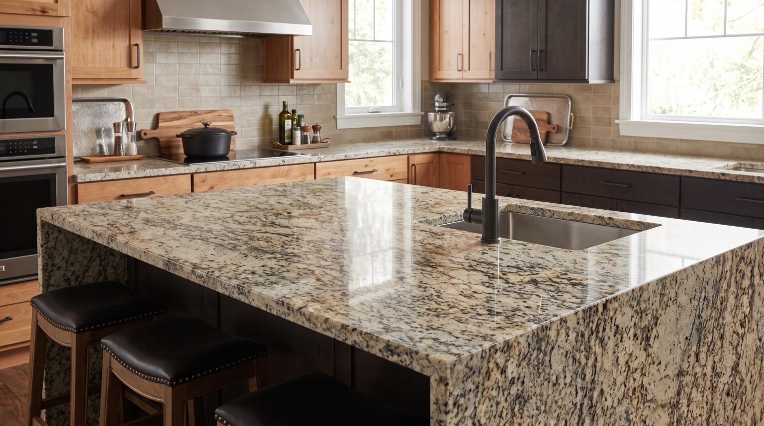 Polished beige and black granite kitchen island countertop with waterfall edge and undermount sink