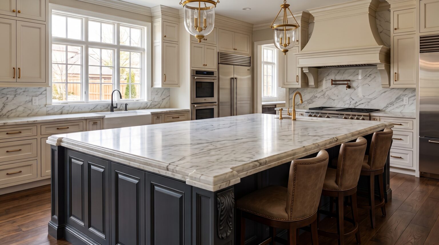 White Carrara marble kitchen island countertop with ogee edge and matching marble backsplash