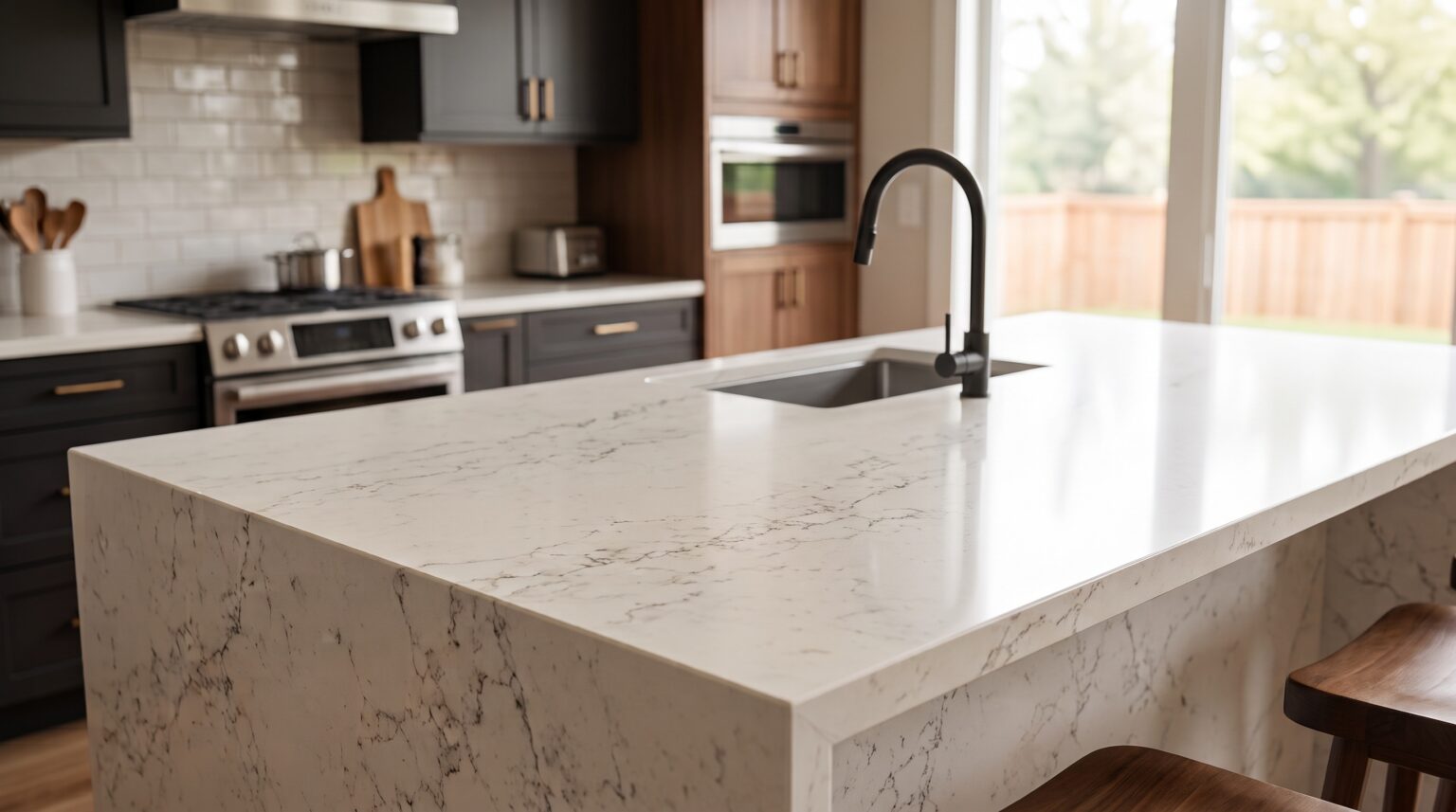 White quartz waterfall kitchen island with marble-look veining and undermount sink